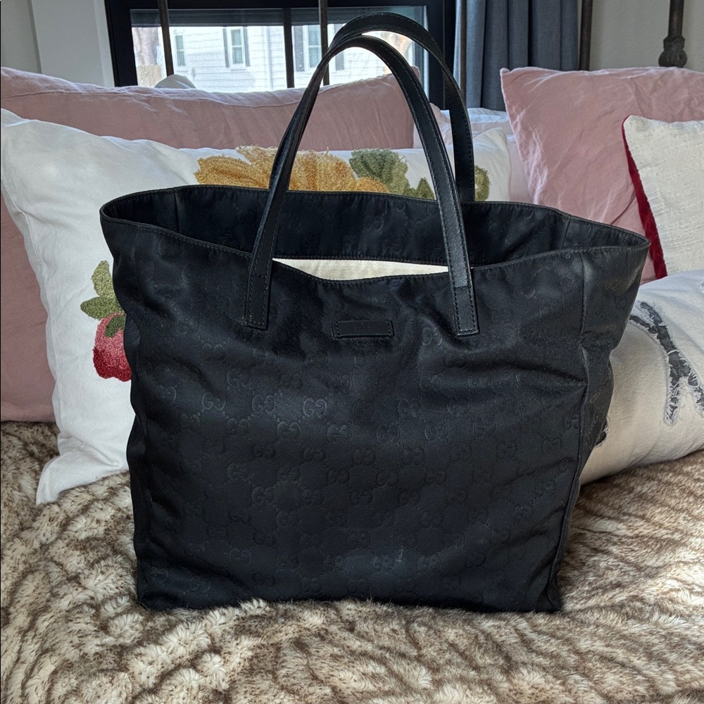 Gucci Black Jacquard Tote with Leather Handles